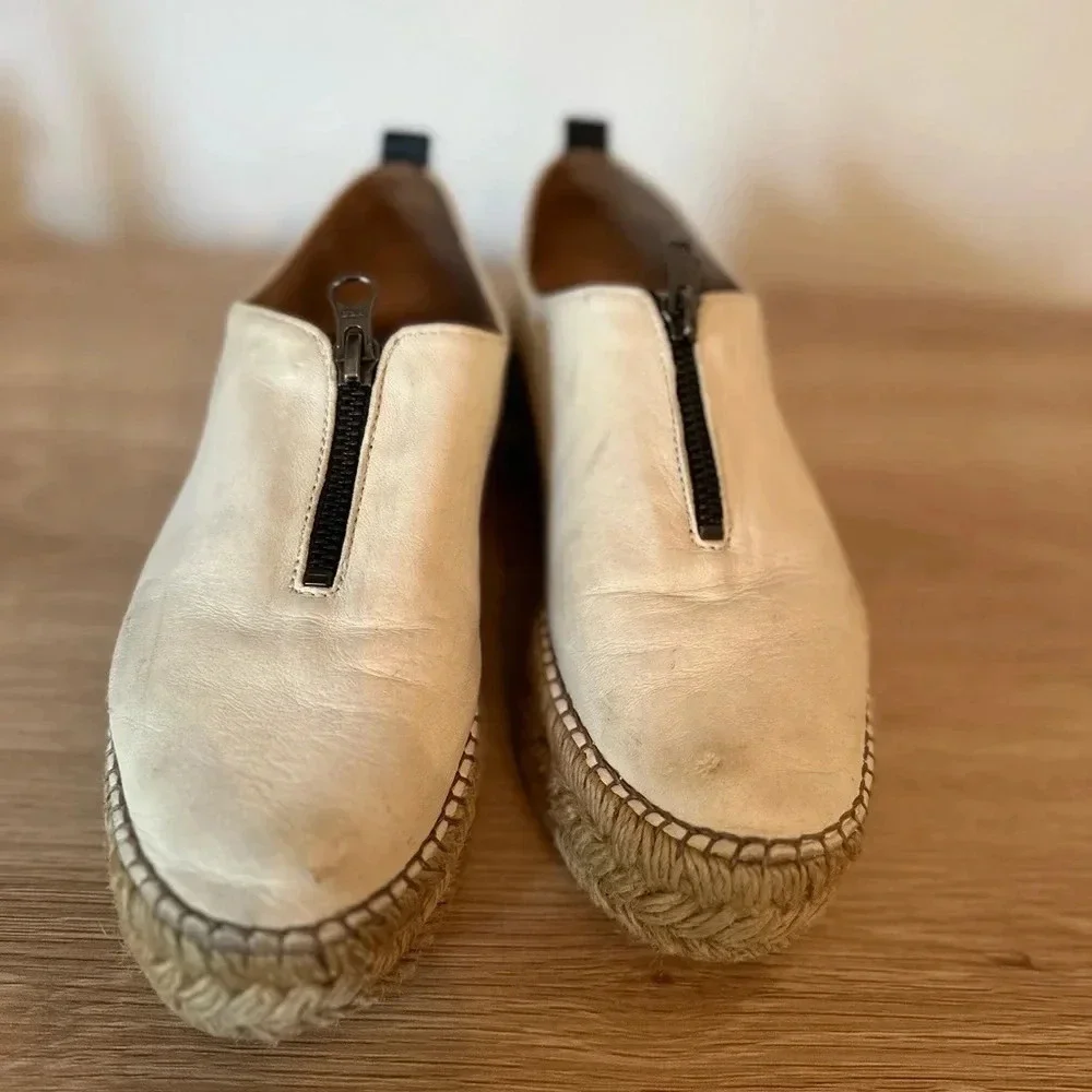 Eric Michael Beige Leather Zip Espadrille Platform Flat